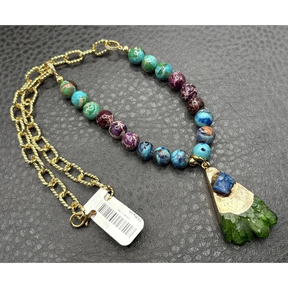 Love Lisa Gemstone Beaded Necklace Dyed Green Crystal Pendant Blue Purple 16